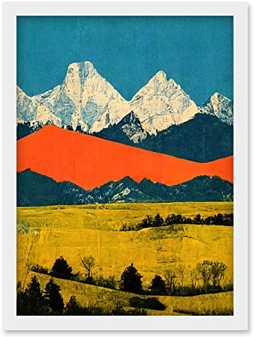 Wee Blue Coo Winter Mountains Landscape Modern Papercut Blue Orange Mustard Artwork Framed Wall Art Print A4