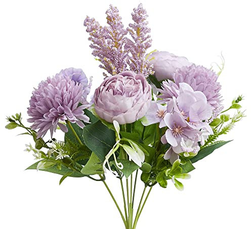 The Baked Studio – Silk Artificial Flower Bouquet (Philippine Roses, Peonies, Dandelion Flower Balls and Foliage) – Realistic Fake Plant for Cake Decoration, Home Décor, Weddings and Crafts (Lavender)