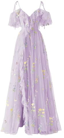 Basgute Women's Flower Embroidery Tulle Prom Dresses Corset Long Spaghetti Strap Fairy Ruched Formal Evening Party Gown, V Neck Slit-purple, 14