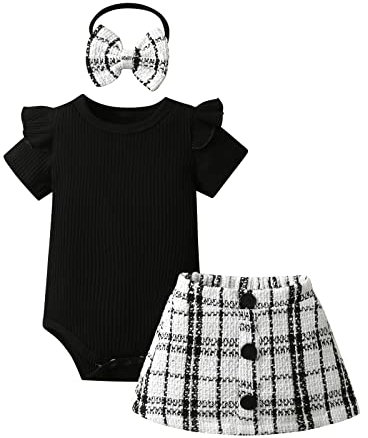 Baby Girl Summer 3Pcs Clothes Ruffle Short Sleeve Romper + Plaid Skirts Sets for 3-6 Months
