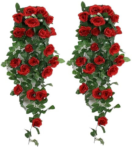2 Pcs Fleurs de Artificielles Rouge,Roses Artificielles Suspendue,Roses Fleurs Artificielles Extérieur,Plastique Fausses Vignes Plantes Suspendues Décoration D'Intérieur Mariage Décoration
