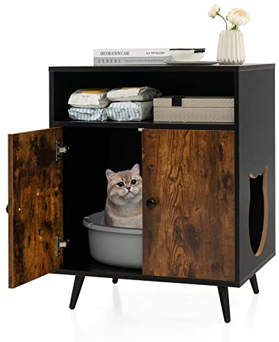COSTWAY Maison de Toilette pour Chat à Double Portes et 2 Étagères, Meuble Cache Litiere Chat Industriel en Bois avec 4 Pieds en Métal, Dispositif Anti-basculement Inclus, 60 x 45 x 75 cm