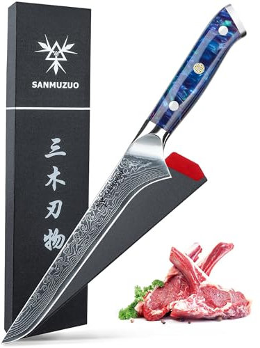 SANMUZUO Coltello filetto 18 cm, Professionale Coltello da Disossare Giapponese Acciaio Damasco Coltello da Cucina Impugnatura Resina - Xuan Series(Blu Zaffiro)