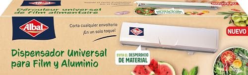 ALBAL Dérouleur Universel de film alimentaire (37 x 9cm), Dérouleur film étirable, aluminium et papier cuisson, pour une découpe nette d'une seule pression, Blanc
