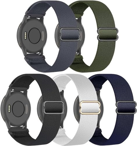 5 farbige 18 mm dehnbare Nylon-Uhrenarmbänder, kompatibel mit Garmin Venu 2S/Vivoactive 4S/Vivomove 3S, Schlaufen-elastische Stoffbänder für Garmin Forerunner 255S/255S Music Girl Women