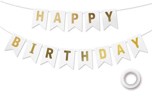 Koliphy Happy Birthday Girlande, Weiß Gold Geburtstagsdeko, Geburtstag Banner Deko für Jungen, Mädchen, Männer und Frauen