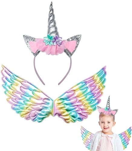 Steemjoey 2 Stück Einhorn Kostüm Prinzessin Set, Mädchen Einhorn Haarreif Flügel, Unicorn Outfit Set für Cosplay Kindergeburtstag Geschenk Karneval Halloween Einhornparty (3-9 Jahre)