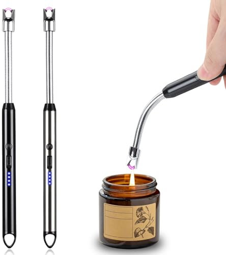 2er Set Stabfeuerzeug, Elektrisch Feuerzeug Lichtbogen Feuerzeug USB Aufladbar Plasma Kerzenanzünder Langes Feuerzeug für Kerzen Anzünden, Grill, Camping, Kamin(Black + Silver)