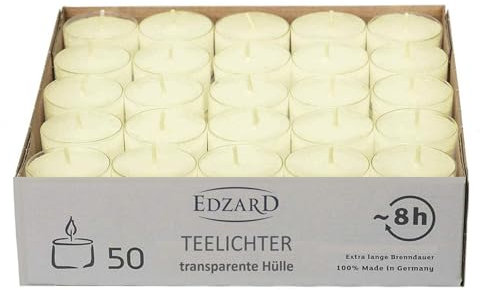 EDZARD 50 Teelichter, hellgelblicher Farbton (ø 38 mm, 8 Stunden Brenndauer) aus Paraffin, ohne Duft - Nightlights, Teelichte für Teelichtglas