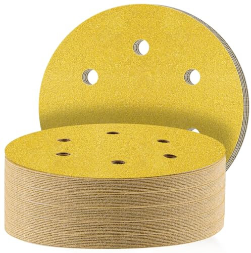 STEBRUAM 50pcs 150mm sanding discs,Sanding Discs Pads for Random Orbital Sander pads and All Oscillating Tools,Yellow sanding discs Hook and Loop 180 Grit 6 Hole 6 Inch Round