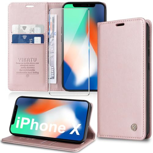 Migexxkj Handyhülle für iPhone X,iPhone XS Hülle [mit Schutzfolie][Premium PU Leder] Klapphülle Kartenfach Magnetic Ständer Flip Case Cover Etui Tasche Schutzhülle für iPhone X/XS 5.8“ (Pink)