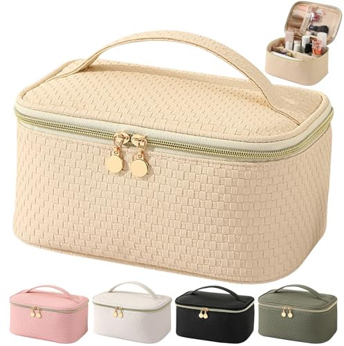 Bestash Kulturtasche Damen,Wasserdichter Reise Kosmetiktasche,PU Leder Make Up Tasche,Schminktasche Groß Mit BüRstenfach,Kulturbeutel Organizer Tragbare Make Up Bag (M beige)