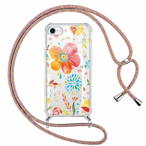 ZhuoFan Handykette für iPhone 8/7/iPhone SE 2022/2020 Hülle mit Band, Transparent Aesthetic Blume Muster Handyhülle mit Kordel zum umhängen Necklace Case Silikon TPU + PC Stoßfest Schutzhülle, 06