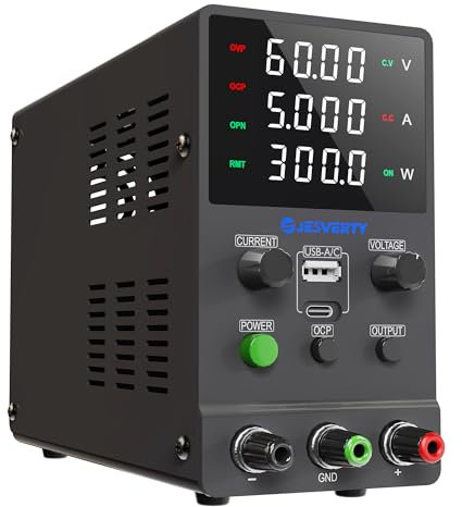 Fuente de alimentación CC Variable, 0-60V 0-5A Fuente de alimentación de Banco regulada CC con Carga rápida USB y Tipo C, Perilla codificadora,Interruptor de Encendido/Apagado de Salida Jesverty