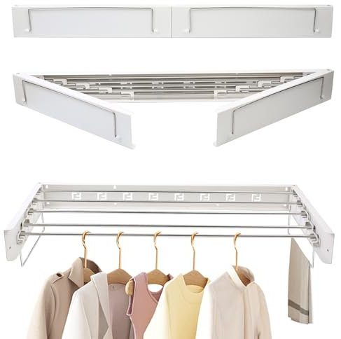 Gemsaya Wäscheständer zur Wandmontage, 100cm Ausziebar Wandtrockner, Edelstahl Wand Klappbar Wäschetrockner mit Zwei Zuglaschen, Weiß Faltbar Wandmontiert Wäscheleine, für Indoor & Outdoor Balkon