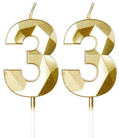 mciskin Gold 33th Birthday Candles, 3D Number 33 Candles for Cake, Women Men 33th Birthday Decorations,Pearl Gold Candle Cake Topper Decorations for Birthday Party Weddings Anniversary Supplies