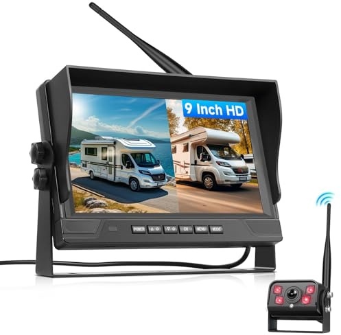 VECHTEL Kit Telecamera Posteriore IPS HD 9 Pollici senza Fili con 4 Schermi, BSD/DVR, Telecamera Retromarcia Auto Wireless Impermeabile IP68 con Visione Notturna per Camion, Camper, Furgoni