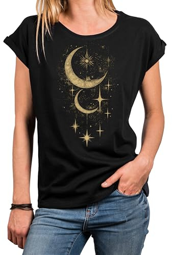 MAKAYA Damen Shirt Mondphasen Vintage Occult Gothic Kult Sterne Frauen Top Mond Motiv