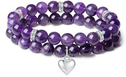 AWARDSEN Herz Edelstein Armband Damen, Amethyst Kristall 8mm Edelstein Schmuck, Violett Heilsteine Armband, Partnerarmbänder Geschenk für Frauen