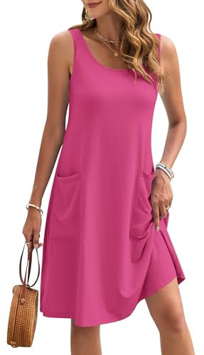AUSELILY Robe d'été sans Manches pour Femmes Midi Robes de Plage décontractées Robe d'été légère à Volants avec Poches pour Femmes Rose M