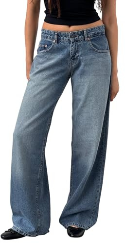 LYSINK Women Wide Leg Jeans Loose High Waisted Straight with Pockets Pants Summer Spring Casual Denim Long Trouser (Bb Blue, L)