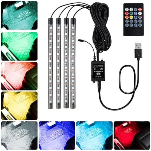 Baxcdyswe 4 Pezzi LED Auto Interni, Accessori Auto Interno, Luci Interne a LED per Auto, Impermeabile 48 Leds, Strisce con Porta USB Controllo, Multi Colore Music Sync Lampade
