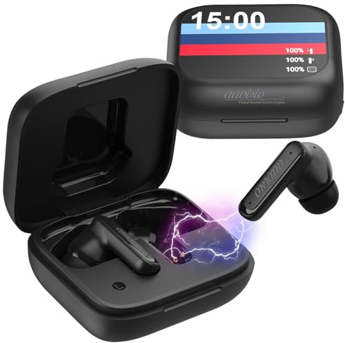 auvisio Kopfhörer mit Akku: 2er-Set Kabellose In-Ear-Kopfhörer mit Touchscreen-Ladecase & ANC (mit Equalizer, mit Farbdisplay)