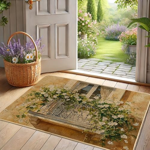 Fußmatte mit Frühlingsblumen, Grüner Efeu, dekorative Matte für den Innen- und Außenbereich, von der Natur inspiriertes Dekor, Gummi, wasserdicht, rutschfest, staubabsorbierend, leicht zu reinigen