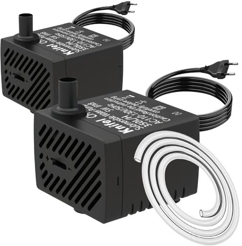 Bomba de Agua Mini 5W 350L/H (Pack de 2 Unidades), con Funcionamiento Ultrasilencioso. Incluye Cable de 1.5 m y 2 Boquillas. Ideal para Fuentes y Sistemas Hidropónicos.