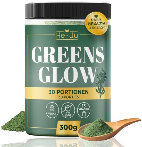 He-Ju Greens Glow Grüne Helfer Entgiftungspulver mit Apfelfaser, Spirulina, Brokkoli & 13 Vitaminen, 300g Superfood-Mix, vegan, ohne Zuckerzusatz, mit Vitamin C & D zur Unterstützung der Immunfunktion