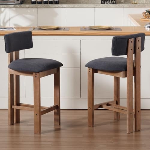Ya-Home Barhocker 2er Set Holz, Barstühle mit Lehne, Grau | Bistrohocker aus Leinen, gepolsterte Tresenhocker mit Holzbeinen, Bar Stools Küchenhocker für Küche/Esszimmer/Wohnzimmer