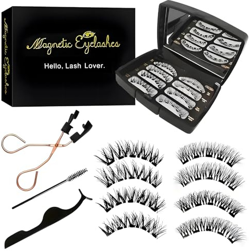 MOTIBACK Magnetic Eyelash Kit - 4 Pairs Natural Look False Lashes with Eyelash Curler, 8PCS Reusable No Glue Magnetic Lashes for Beginners (3D Effect, Waterproof)