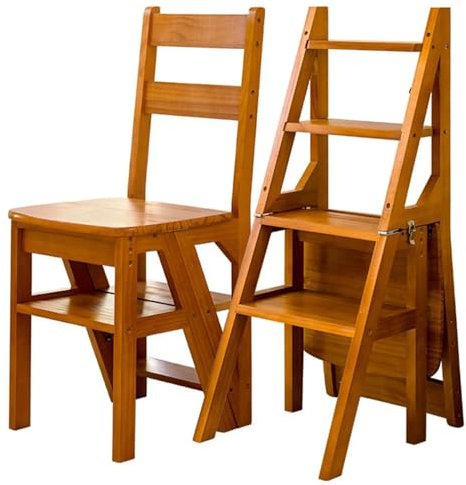 Sedia a scaletta pieghevole a 4 gradini in legno massello, portatile, convertibile, multiuso, espositore per ufficio, casa e cucina (35 x 46 x 90 cm, marrone)