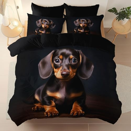 Bettwäsche-Sets 200 x 220 cm - Tierischer süßer Dackel Hund Weicher Mikrofaser Bettbezug, Schwarz Bettwäsche mit 2 Kopfkissenbezüge mit Reißverschluss - 3-teilig für Hundeliebhaber