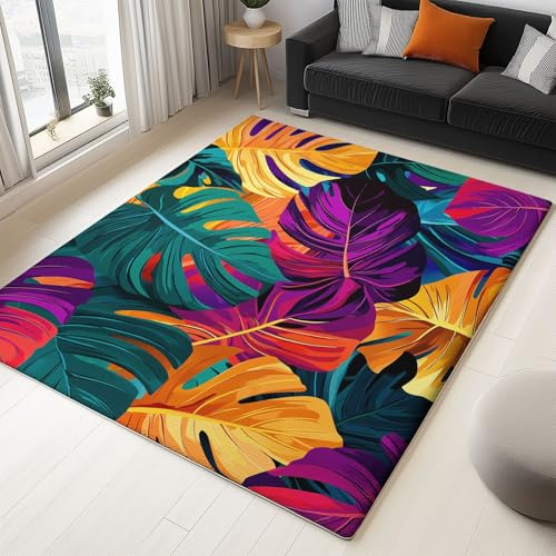 Generisch Tropische Blätter Teppich Kurzflor Modern 80 x 150 cm langlebig und pflegeleicht Teppiche, Mehrfarbig In und Outdoor Wohnzimmer ideal für Küche Flur