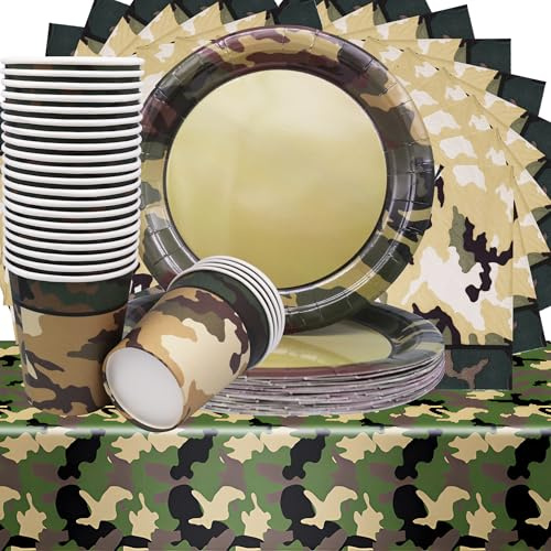 24 Gäste Camouflage Partygeschirr Set, 9Φ-Essteller，Armee Geburtstagsthema, Warrior Party Tischdekoration, Camping Outdoor Party Geschirr [platten, papierservietten,Tasse,Tischdecke]