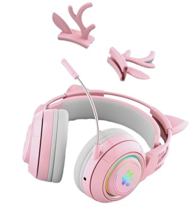 Harewtwy Gamer Earphone Cute Antlers Cat Ear Wireless Bluetooth Headphone RGB Light Gaming Headset for Kids for Kid Pink
