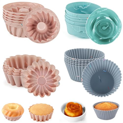 Moule Muffins Silicone, 24 Pièces Réutilisables Moules Muffins, 4 Modèles Anti-adhésif Moule Cupcake, Facile à démouler, Cuisson Moulle Patisserie pour Air Fryer Gâteaux, Crème et Pudding