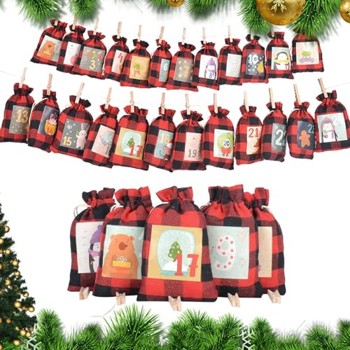 Huvqianu Weihnachtsbeutel mit Kordelzug, 24 Tage Countdown-Kalender, Aufbewahrungstasche für Weihnachtsfeiern, für Schokolade, Nüsse, Gummis, Lutscher, Knallbonbons, Armbänder, Halsketten