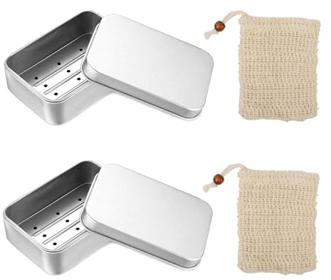 2 Pcs Aluminum Soap Dishes, Rectangular Metal Soap Storage Case | Travel Soap Case with Drainage Grid and Sisal Soap Bag for Bathroom Traveling Camping