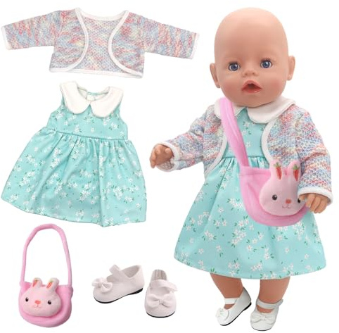 5 Stück Puppenkleidung für 30-43 cm Puppen, Puppenkleider mit Jäckchen Kleid Hasen-Tasch, Schmetterlings-Schleife Schuhen für 12-18 Zoll Puppenkleidung als Geschenk für Mädchen Jungen (Rosa Bunny)