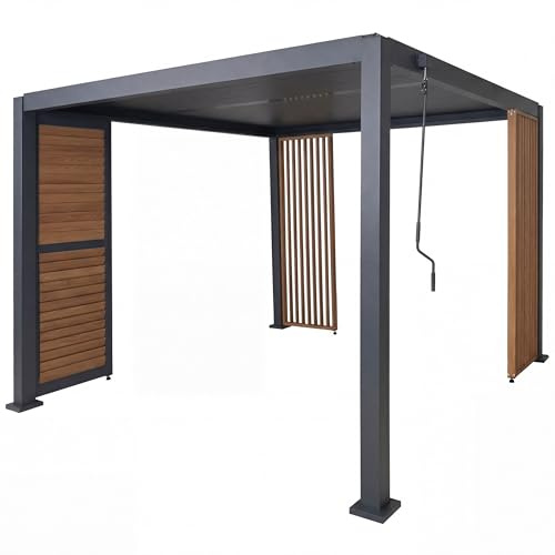 BERLINLODGE Pergola mit 1x Lamellenwand und 2X Seitenwand | HxBxT 235x300x300cm | Lamellen-Pavillon | Anthrazit | 10cm-Alu-Gestell | Holzoptik