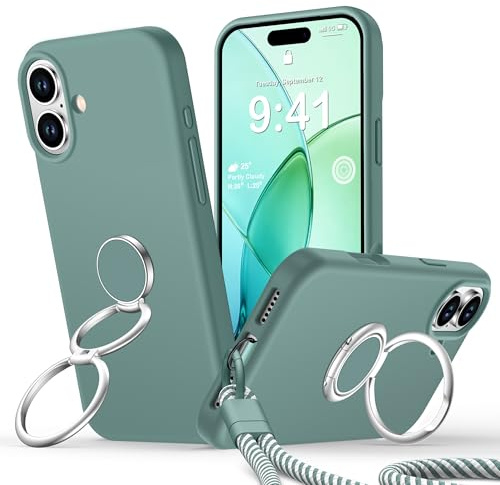 Rockaway für iPhone 17 Hülle Silikon mit Band, Grün | Flüssigsilikon HandyHülle, mit Band & Doppelring Ständer Case, Dünn Cover, Anti-Kratz, Stoßfest SchutzHülle