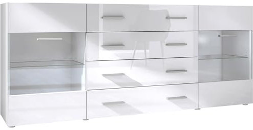 Vladon Buffet Dressoir Bari V2, Corps en Blanc Mat/Façades en Blanc Haute Brillance (166 x 72 x 35)