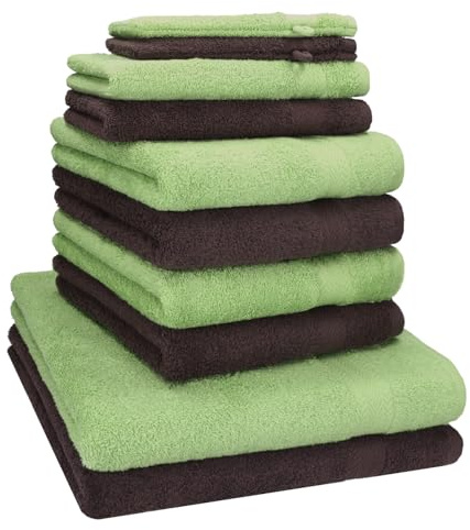 Betz 10-TLG. Handtuch-Set Premium 100% Baumwolle 2 Duschtücher 4 Handtücher 2 Gästetücher 2 Waschhandschuhe Farbe Apfel Grün & Dunkel Braun