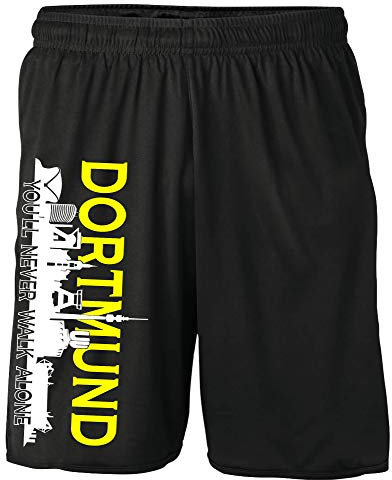 Uglyshirt89 Dortmund Skyline Shorts | Kurze Hose mit Ruhrpott Motiv – Fußball Fanartikel für Stadion und Freizeit – Supporter Trainingshose Herren Unisex | Schwarz (XL)
