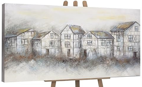 YS-Art Abstrakt Acryl Gemälde auf Leinwand Ruhige Straße Architektur Fachwerkhaus handgemalt Wandbilder Wohnzimmer modern Wohndekor Bilder Büro echte Kunst 160x80 cm