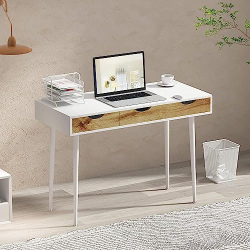 SogesHome Schreibtisch mit Schublade 110 cm Schlichter Arbeitstisch Schminktisch mit 3 Schubladen Arbeitszimmer Arbeitsplätze Schreibtische Weiß