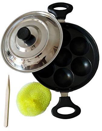 Sahishnu Online & Marketing Non Stick Appam Patra Induction Base, Appam Maker With Lid, 7 Pits, 1 Spatula, 1 Scrubber