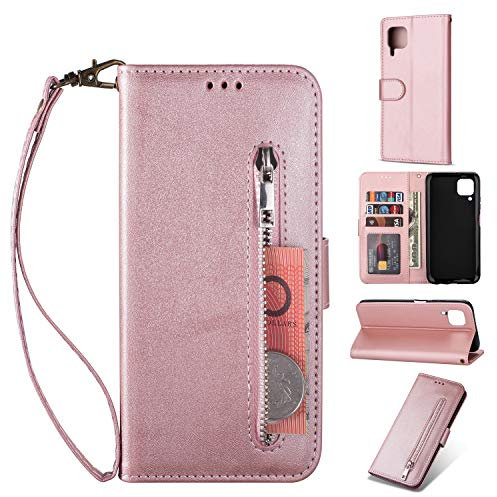 ZTOFERA Hülle für Huawei P40 Lite, Magnetisch Folio Flip Wallet Leder Standfunktion Reißverschluss schutzhülle mit Trageschlaufe, Brieftasche Hülle für Huawei P40 Lite - Roségold